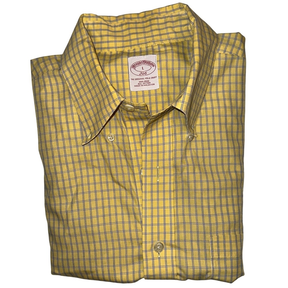 Brooks Brothers 346 Large Yellow Check Non-Iron Short Sleeve Button Down Shirt‎